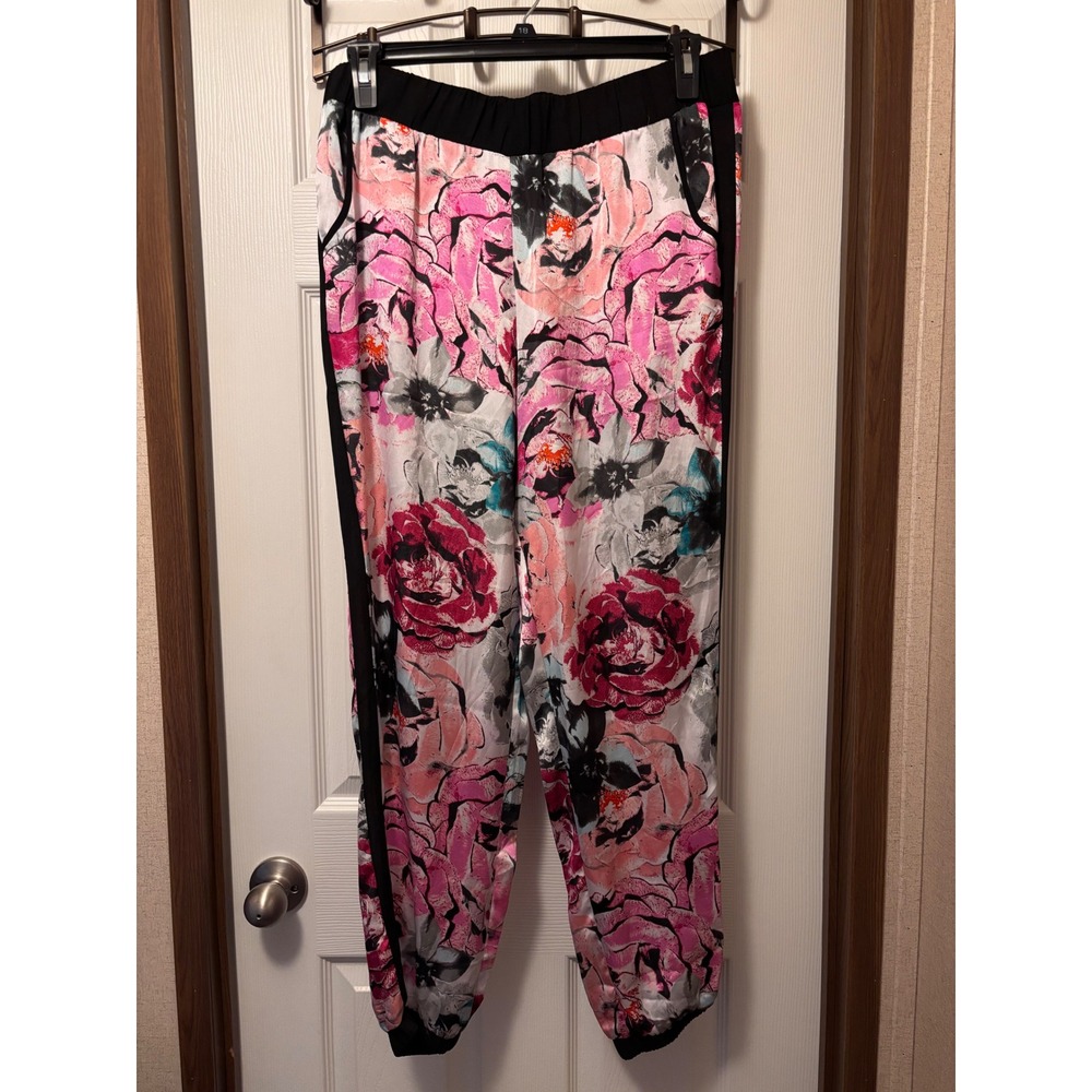 Bisou Bisou Michele Bohbot Pink Floral Satin Jogger Pants Large Side Stripe